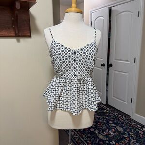 Women’s White and Navy Printed Peplum Spaghetti Strap Top
